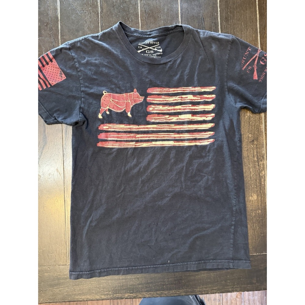 Grunt Style Bacon Flag Pig T Shirt Small Black Patriotic BBQ Graphic Tee